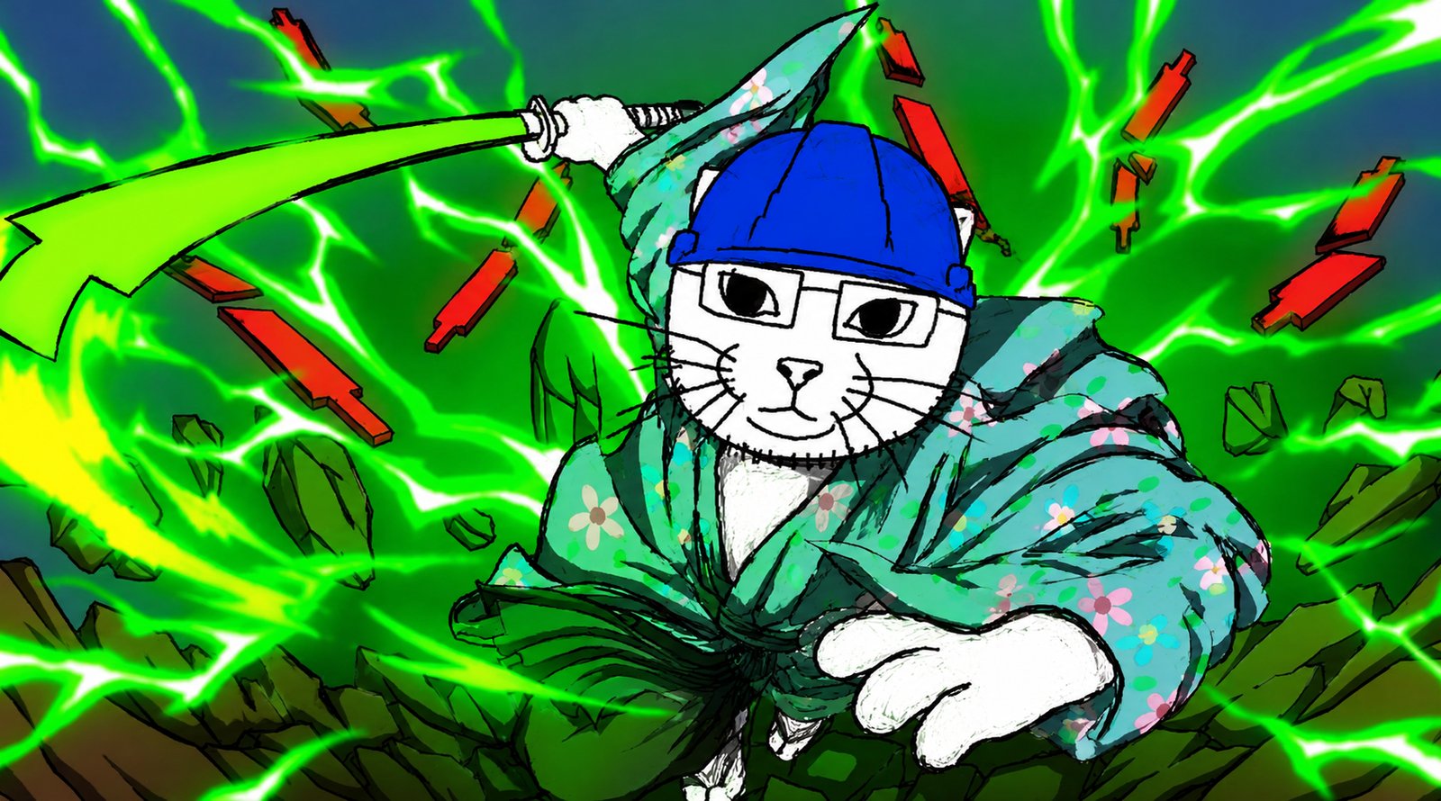 BuilderCat as a samurai slashing through red candles