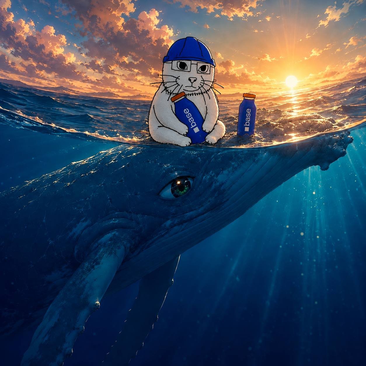 BuilderCat riding a whale at sunset with Base bottles